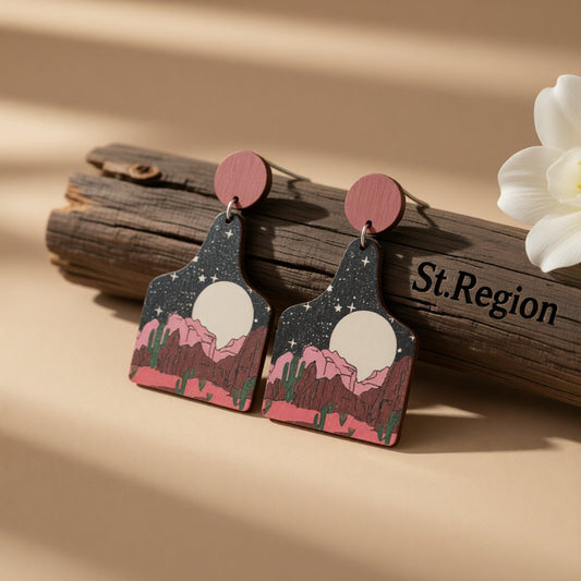 Black and Red Desert Night Wood Drop Earrings, drop earrings for women, vintage-inspired design, front view