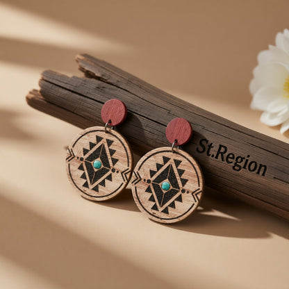 Wood Geometric Circled Drop Earrings, drop earrings for women, botanical inspired, front view