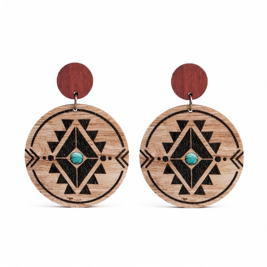 Wood Geometric Circled Drop Earrings, drop earrings for women, botanical inspired, side view