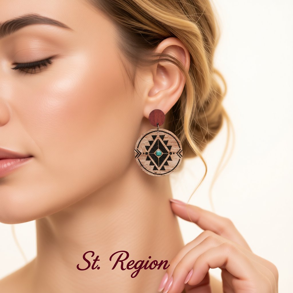 Wood Geometric Circled Drop Earrings, drop earrings for women, botanical inspired, styled look