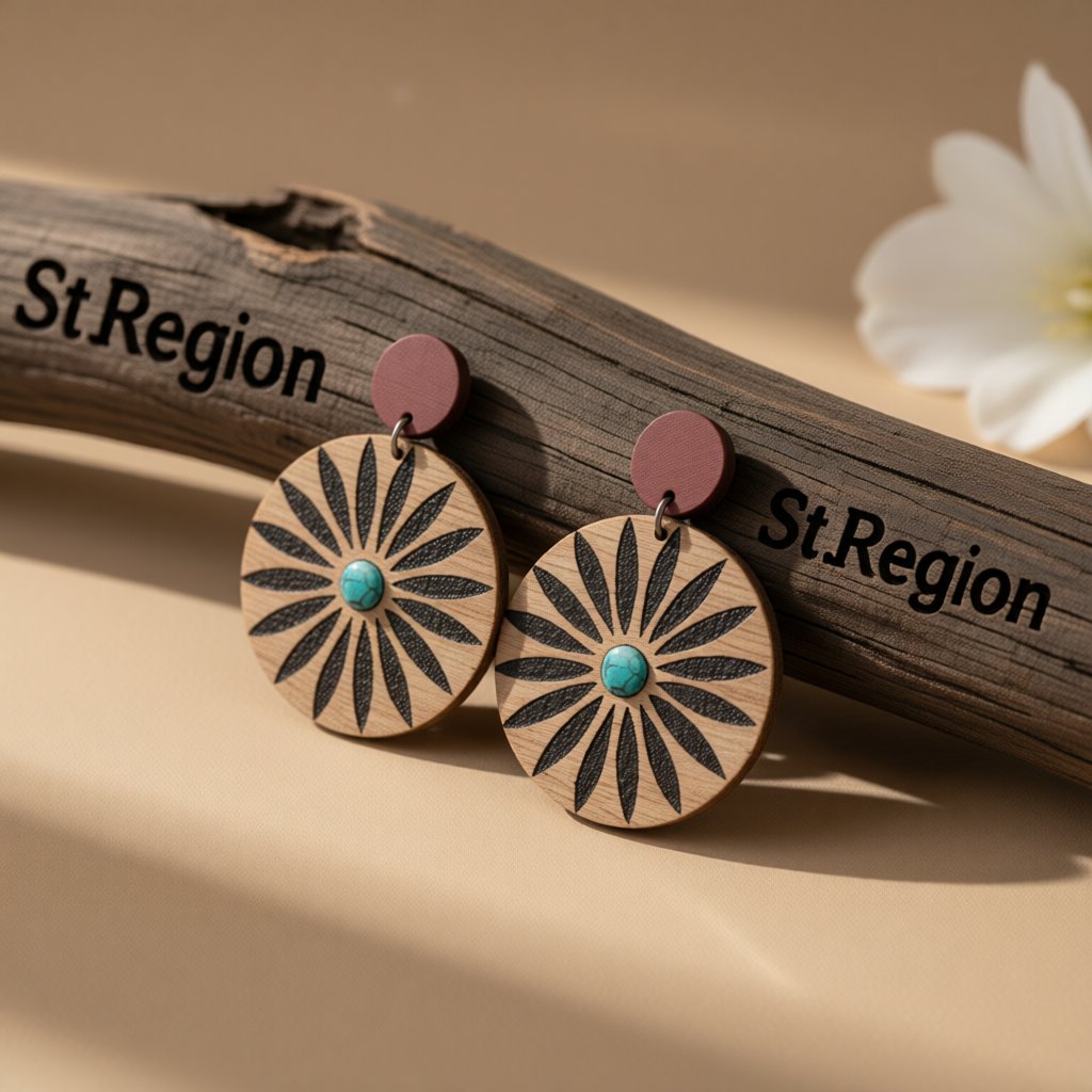 Wood and Silver-Plated Flower Round Drop Earrings, silver drop earrings for women, everyday style, front view