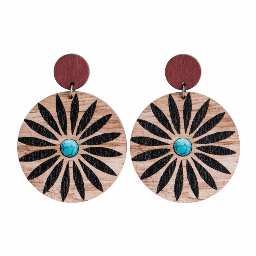 Wood and Silver-Plated Flower Round Drop Earrings, silver drop earrings for women, everyday style, side view