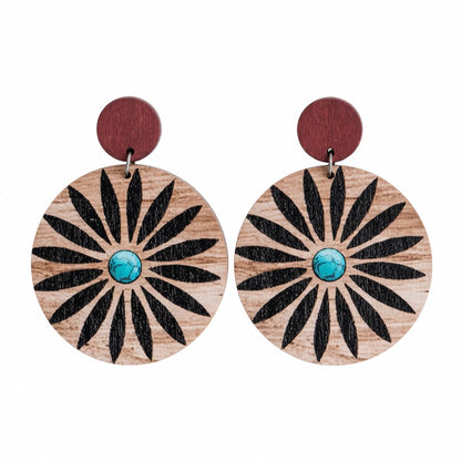 Wood and Silver-Plated Flower Round Drop Earrings, silver drop earrings for women, everyday style, side view