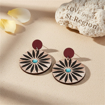 Wood and Silver-Plated Flower Round Drop Earrings, silver drop earrings for women, everyday style, lifestyle look