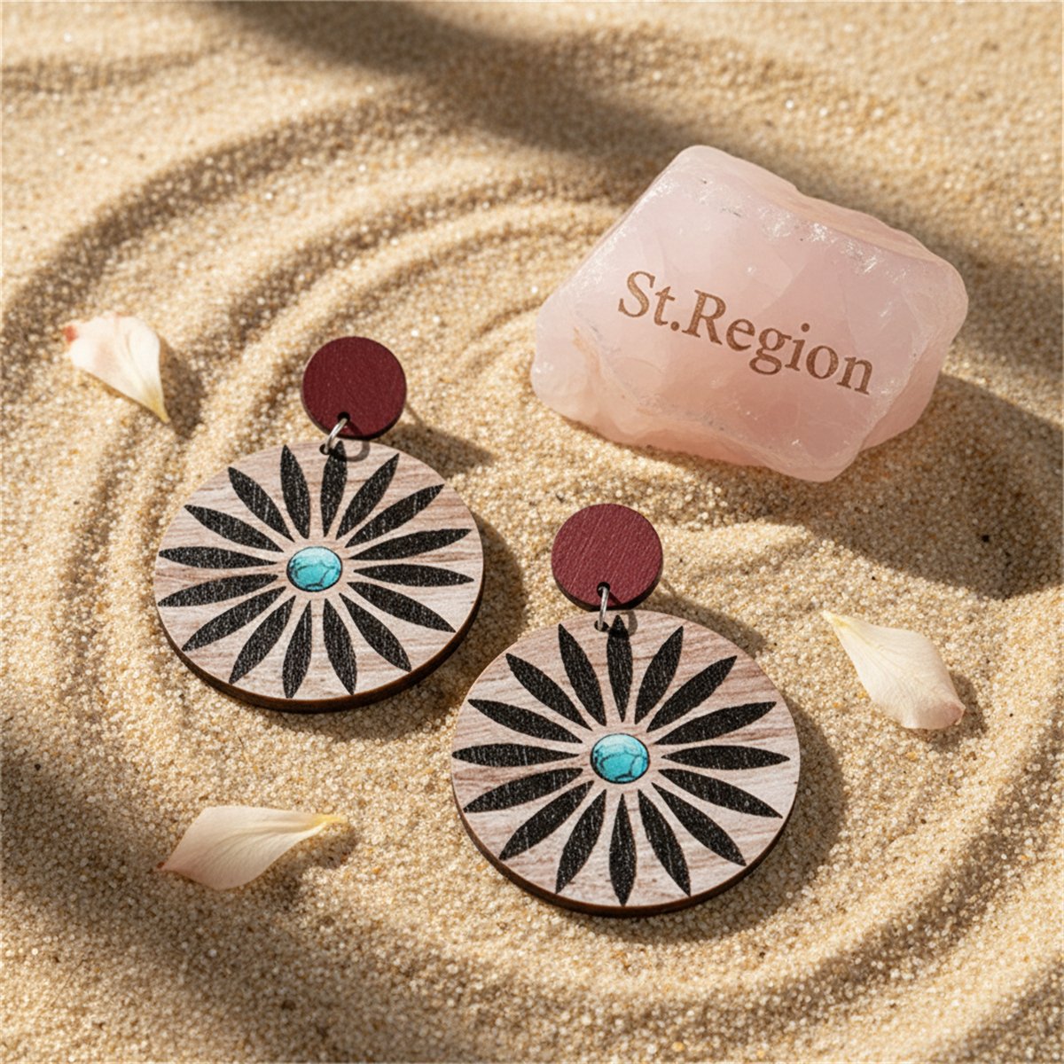 Wood and Silver-Plated Flower Round Drop Earrings, silver drop earrings for women, everyday style, detail close-up