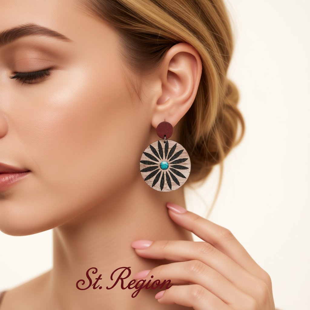 Wood and Silver-Plated Flower Round Drop Earrings, silver drop earrings for women, everyday style, styled look