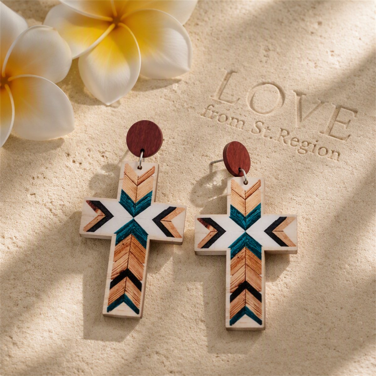 White and Blue Cross Wood Drop Earrings, drop earrings for women, botanical inspired, lifestyle look