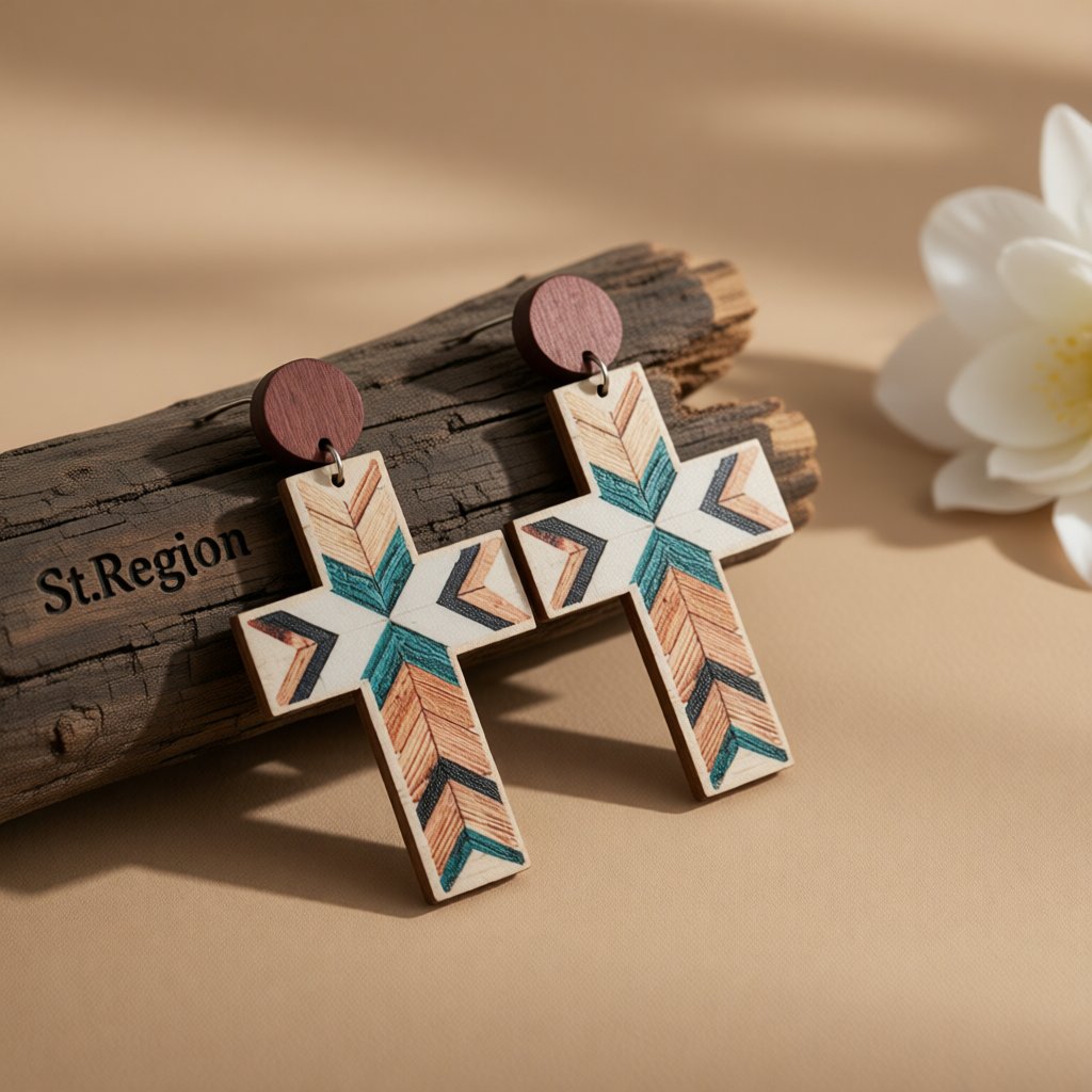 White and Blue Cross Wood Drop Earrings, drop earrings for women, botanical inspired, front view