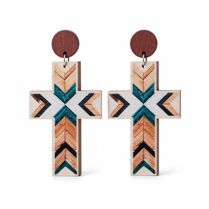 White and Blue Cross Wood Drop Earrings, drop earrings for women, botanical inspired, side view