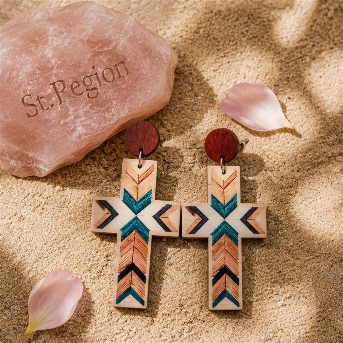 White and Blue Cross Wood Drop Earrings, drop earrings for women, botanical inspired, detail close-up