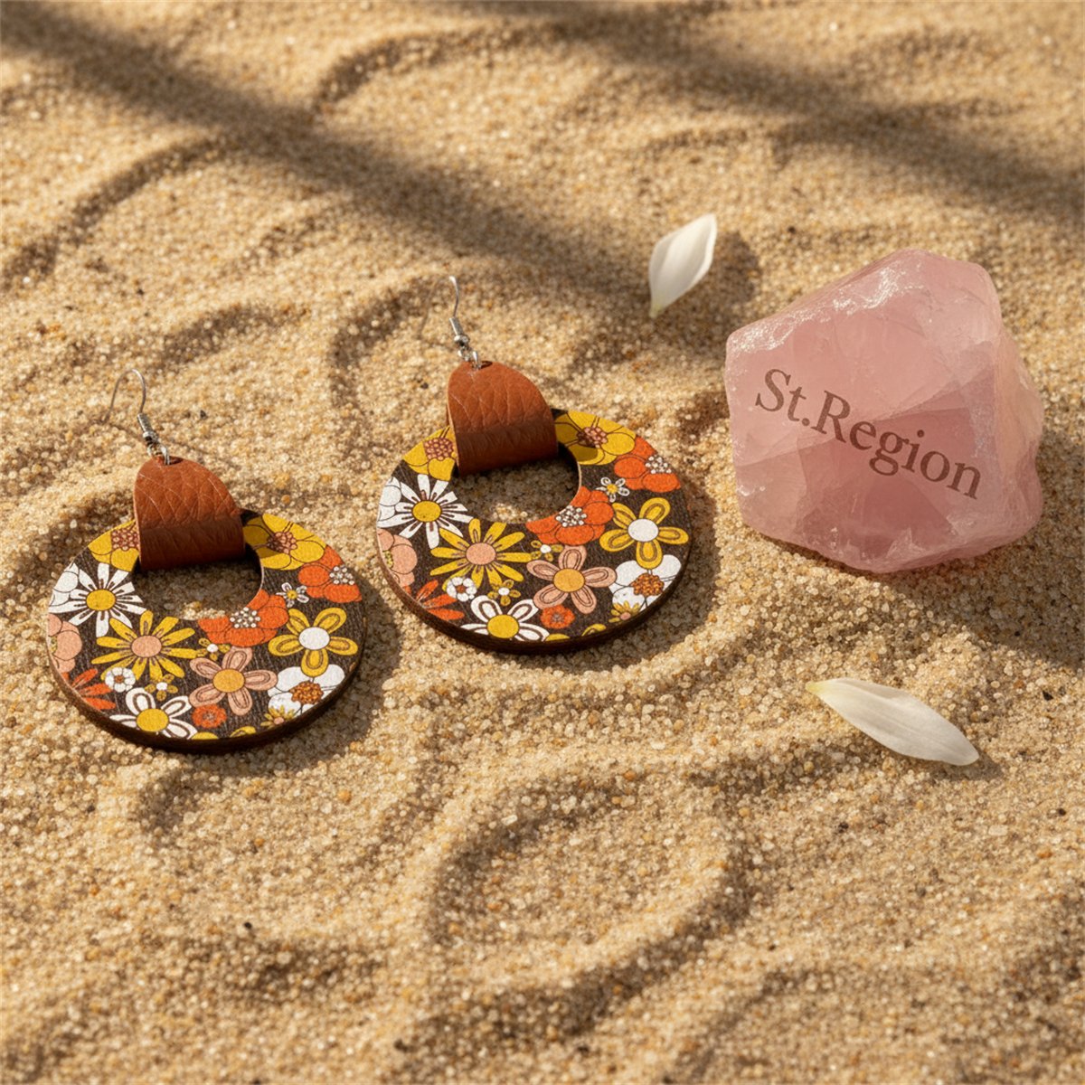 Orange and Yellow Floral Wood Round Drop Earrings, drop earrings for women, everyday style, detail close-up