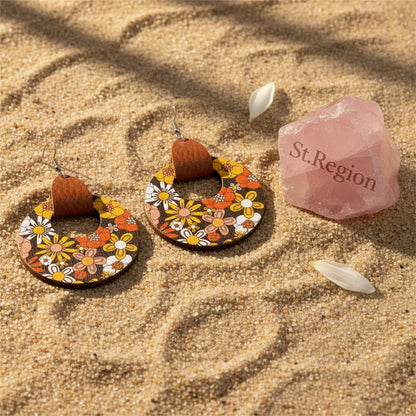 Orange and Yellow Floral Wood Round Drop Earrings, drop earrings for women, everyday style, detail close-up