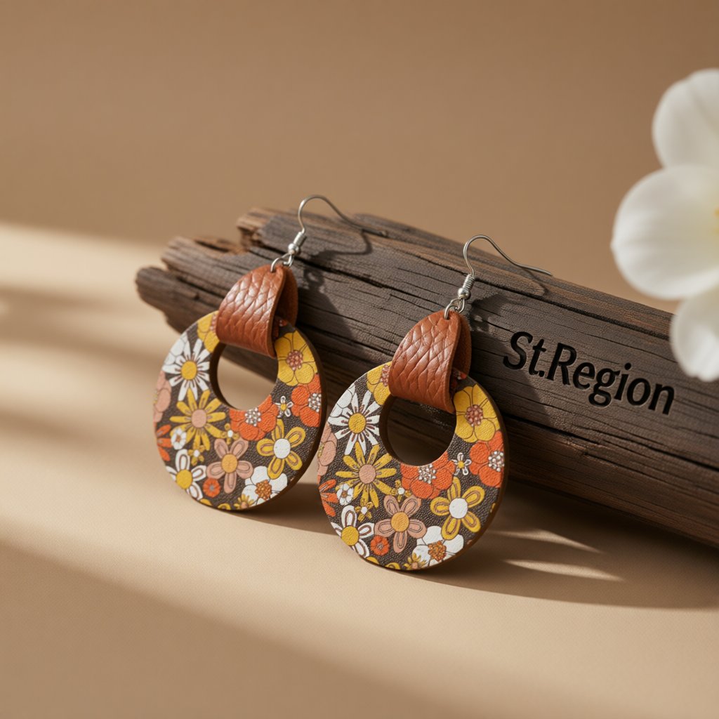 Orange and Yellow Floral Wood Round Drop Earrings, drop earrings for women, everyday style, front view