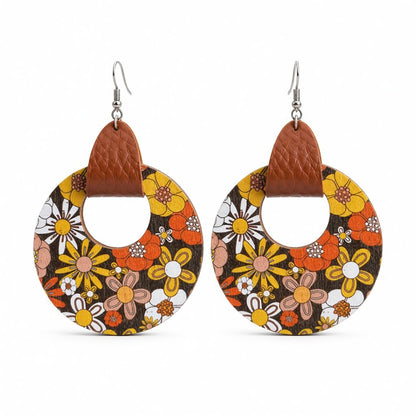 Orange and Yellow Floral Wood Round Drop Earrings, drop earrings for women, everyday style, side view