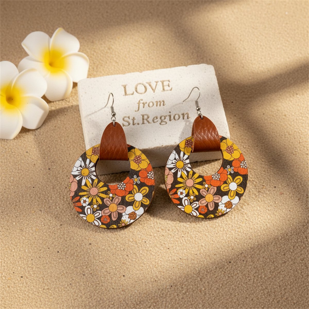 Orange and Yellow Floral Wood Round Drop Earrings, drop earrings for women, everyday style, lifestyle look