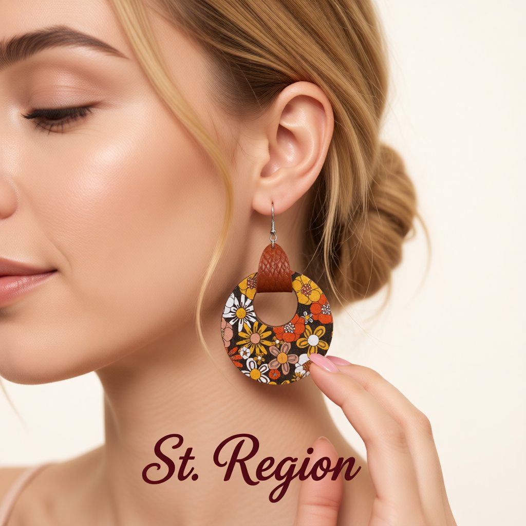 Orange and Yellow Floral Wood Round Drop Earrings, drop earrings for women, everyday style, styled look