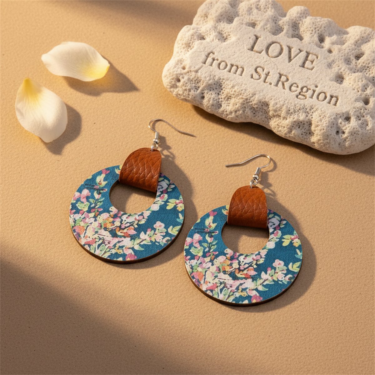 Blue and Pink Floral Wood Round Drop Earrings, drop earrings for women, elegant gift for her, lifestyle look