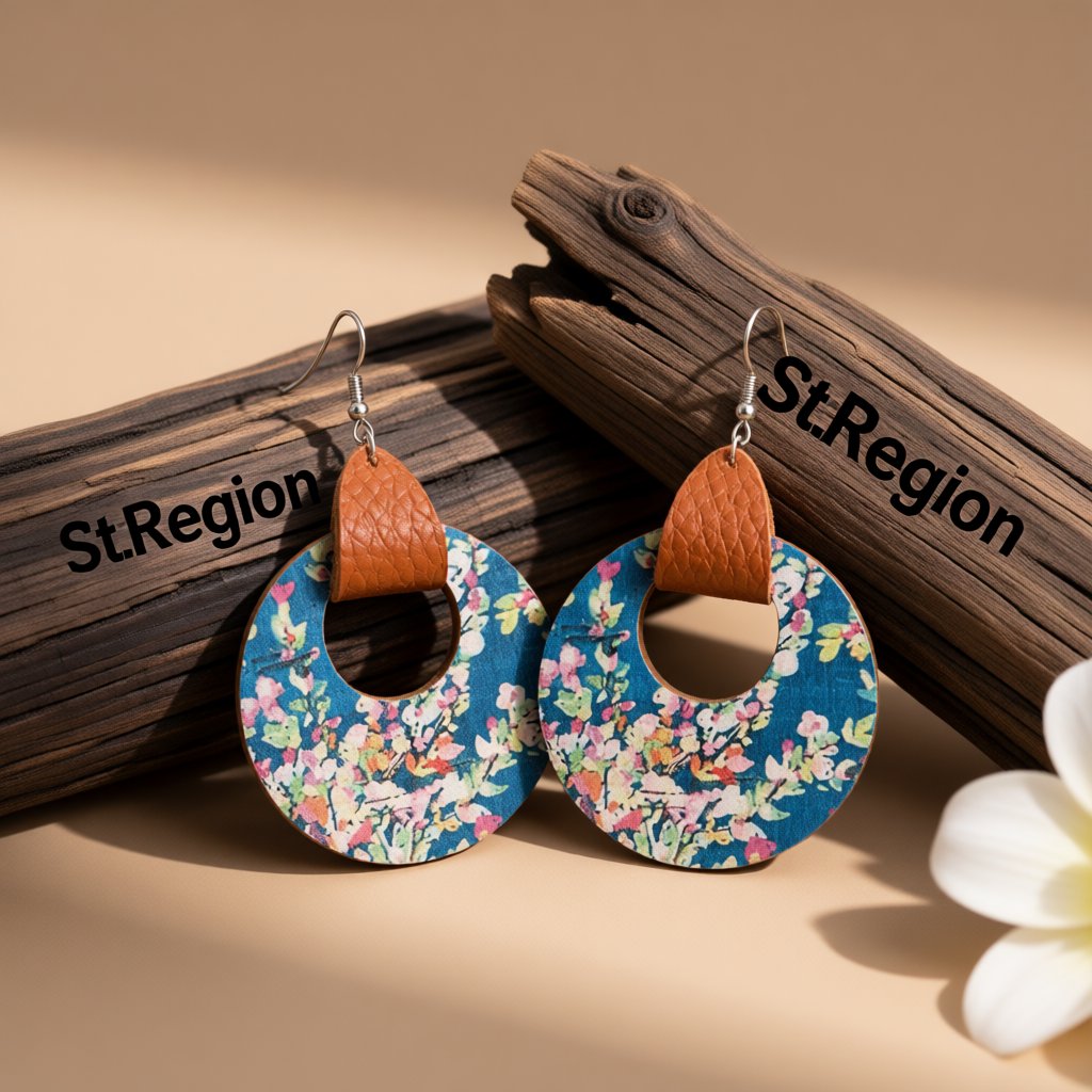 Blue and Pink Floral Wood Round Drop Earrings, drop earrings for women, elegant gift for her, front view