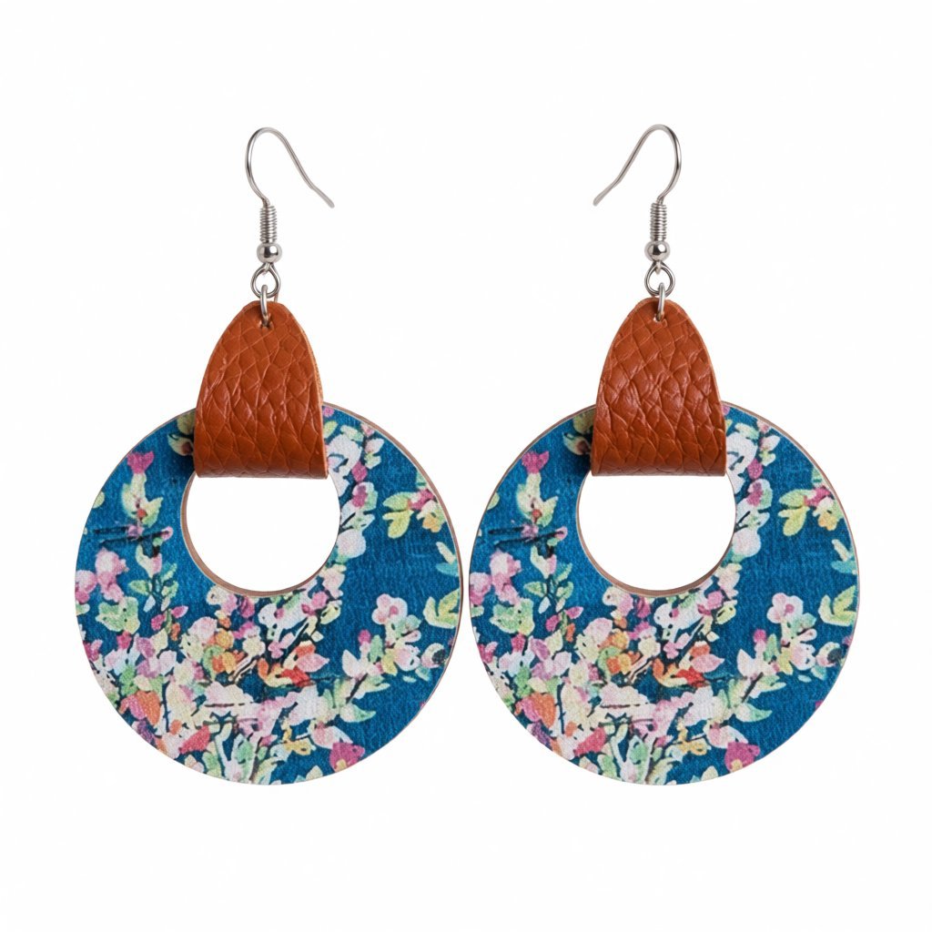 Blue and Pink Floral Wood Round Drop Earrings, drop earrings for women, elegant gift for her, side view