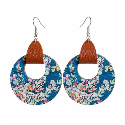 Blue and Pink Floral Wood Round Drop Earrings, drop earrings for women, elegant gift for her, side view