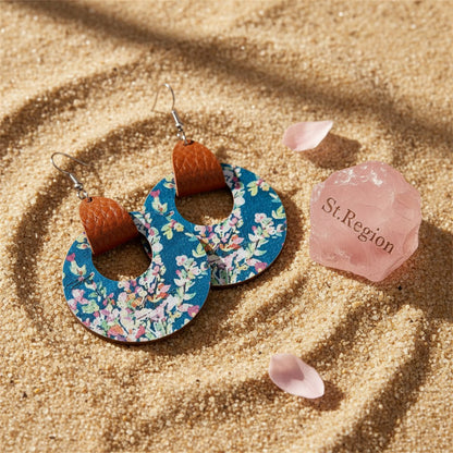 Blue and Pink Floral Wood Round Drop Earrings, drop earrings for women, elegant gift for her, detail close-up