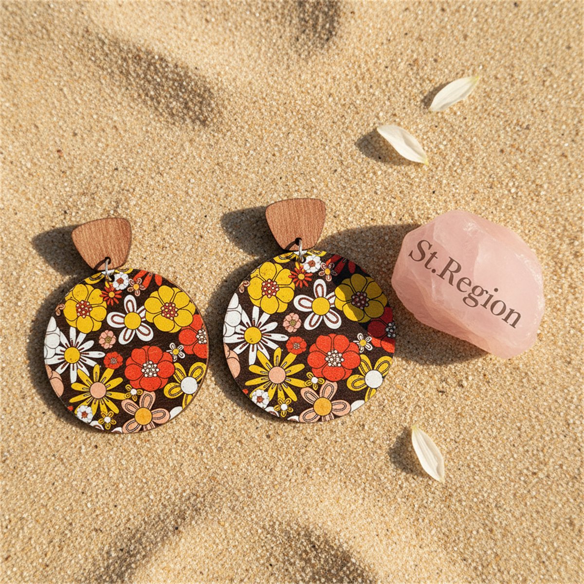 Red and Yellow Wood Floral Painted Round Drop Earrings, drop earrings for women, vintage-inspired design, detail close-up