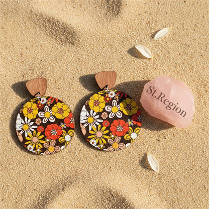 Red and Yellow Wood Floral Painted Round Drop Earrings, drop earrings for women, vintage-inspired design, detail close-up