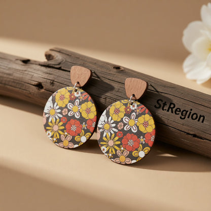 Red and Yellow Wood Floral Painted Round Drop Earrings, drop earrings for women, vintage-inspired design, front view