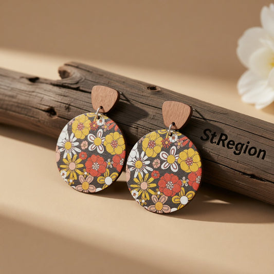 Red and Yellow Wood Floral Painted Round Drop Earrings, drop earrings for women, vintage-inspired design, front view