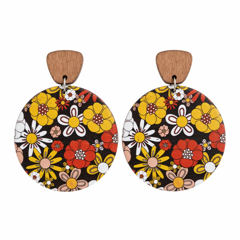 Red and Yellow Wood Floral Painted Round Drop Earrings, drop earrings for women, vintage-inspired design, side view