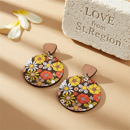 Red and Yellow Wood Floral Painted Round Drop Earrings, drop earrings for women, vintage-inspired design, lifestyle look