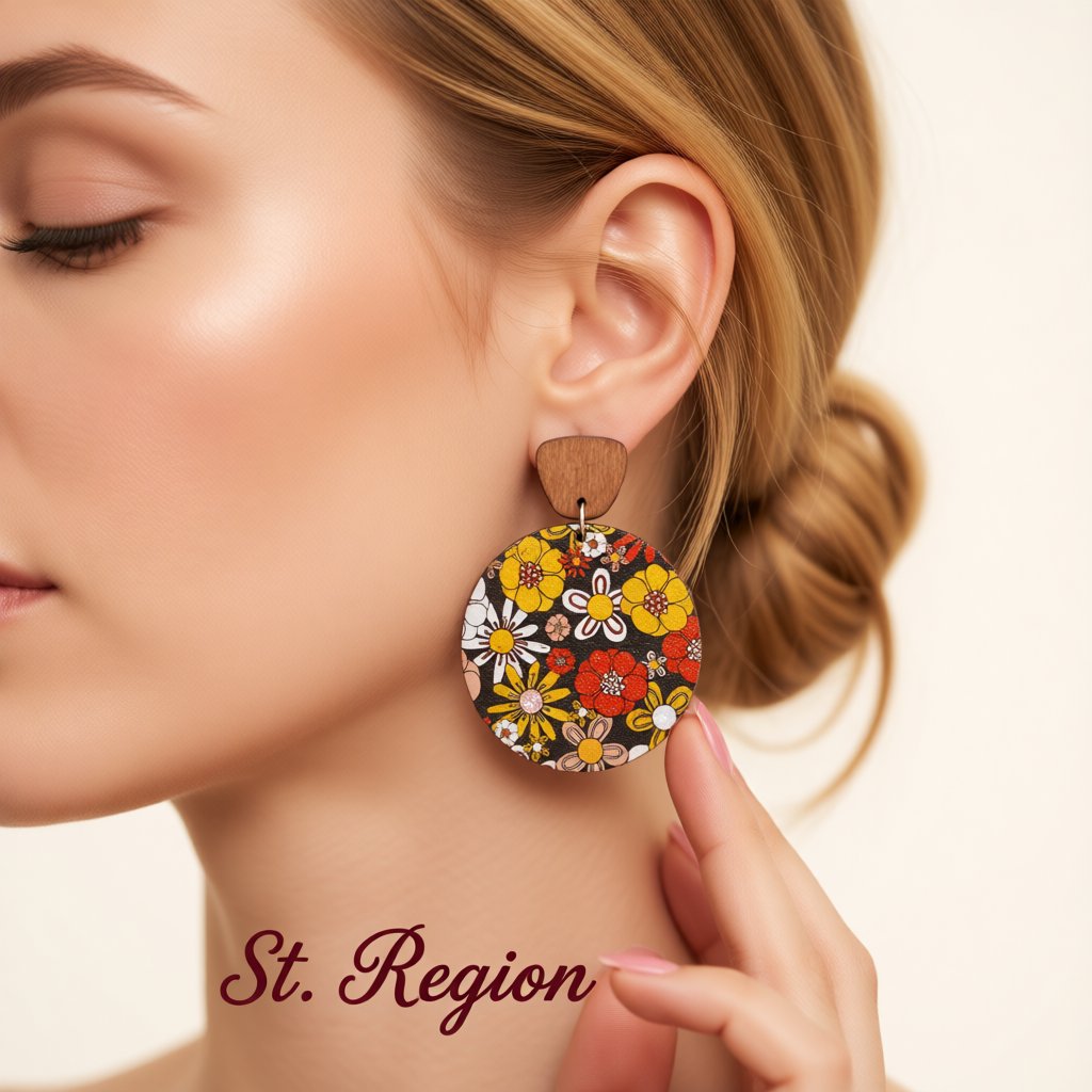 Red and Yellow Wood Floral Painted Round Drop Earrings, drop earrings for women, vintage-inspired design, styled look