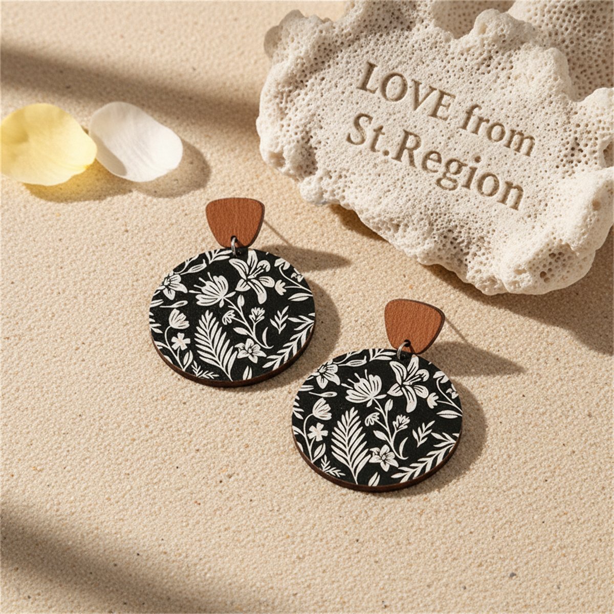 Black and White Wood Floral Painted Round Drop Earrings, drop earrings for women, vintage-inspired design, lifestyle look