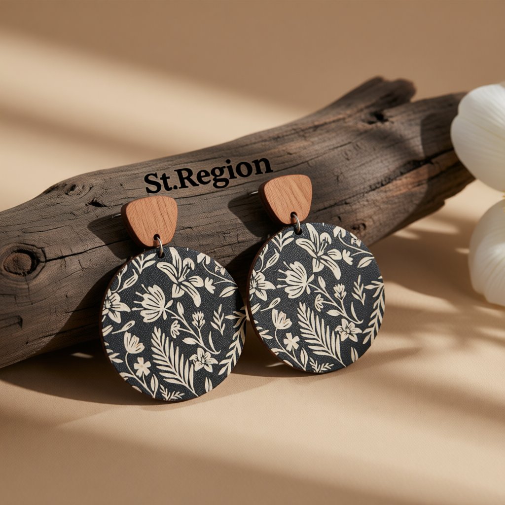 Black and White Wood Floral Painted Round Drop Earrings, drop earrings for women, vintage-inspired design, front view