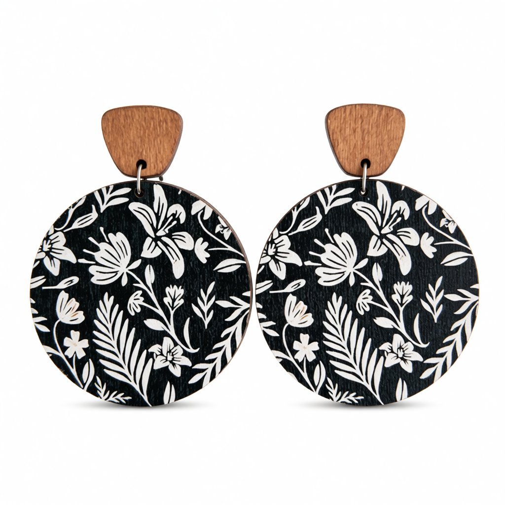 Black and White Wood Floral Painted Round Drop Earrings, drop earrings for women, vintage-inspired design, side view