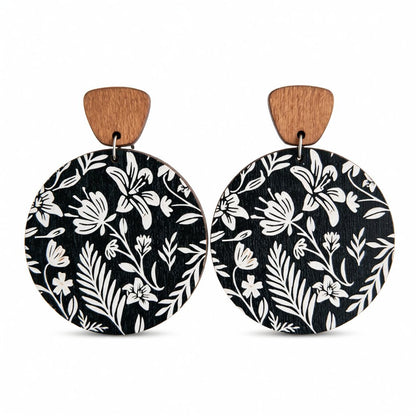 Black and White Wood Floral Painted Round Drop Earrings, drop earrings for women, vintage-inspired design, side view