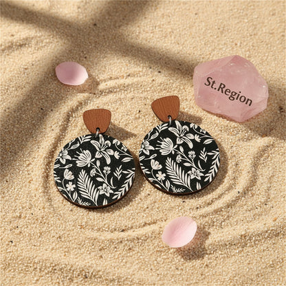 Black and White Wood Floral Painted Round Drop Earrings, drop earrings for women, vintage-inspired design, detail close-up