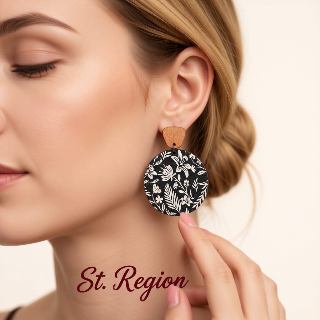 Black and White Wood Floral Painted Round Drop Earrings, drop earrings for women, vintage-inspired design, styled look