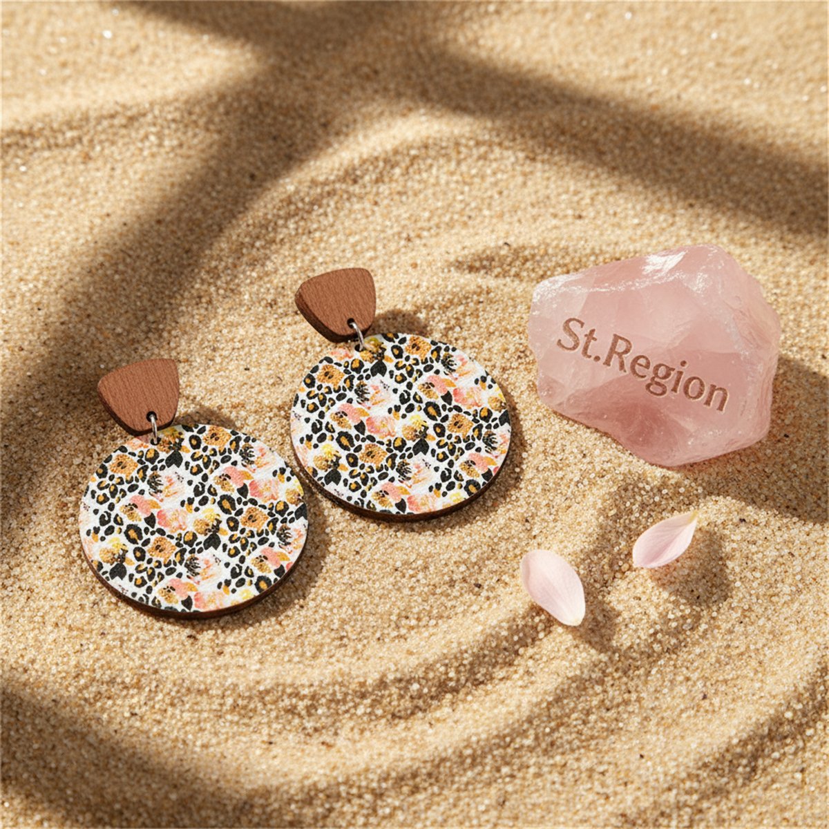 Yellow Wood and Silver-Plated Floral Round Drop Earrings, silver drop earrings for women, detail close-up