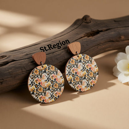 Yellow Wood and Silver-Plated Floral Round Drop Earrings, silver drop earrings for women, front view