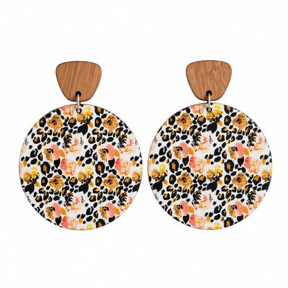 Yellow Wood and Silver-Plated Floral Round Drop Earrings, silver drop earrings for women, dainty minimalist design, side view
