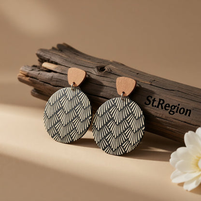 Black Wood and Silver-Plated Geometric Round Dangle Earrings, silver drop earrings for women, front view