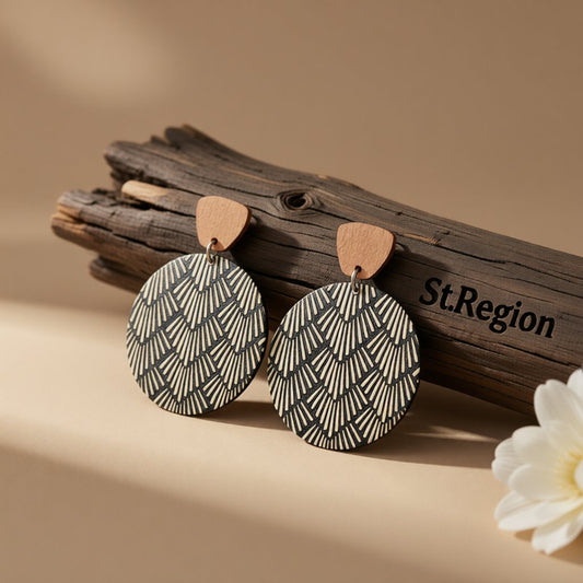 Black Wood and Silver-Plated Geometric Round Dangle Earrings, silver drop earrings for women, front view