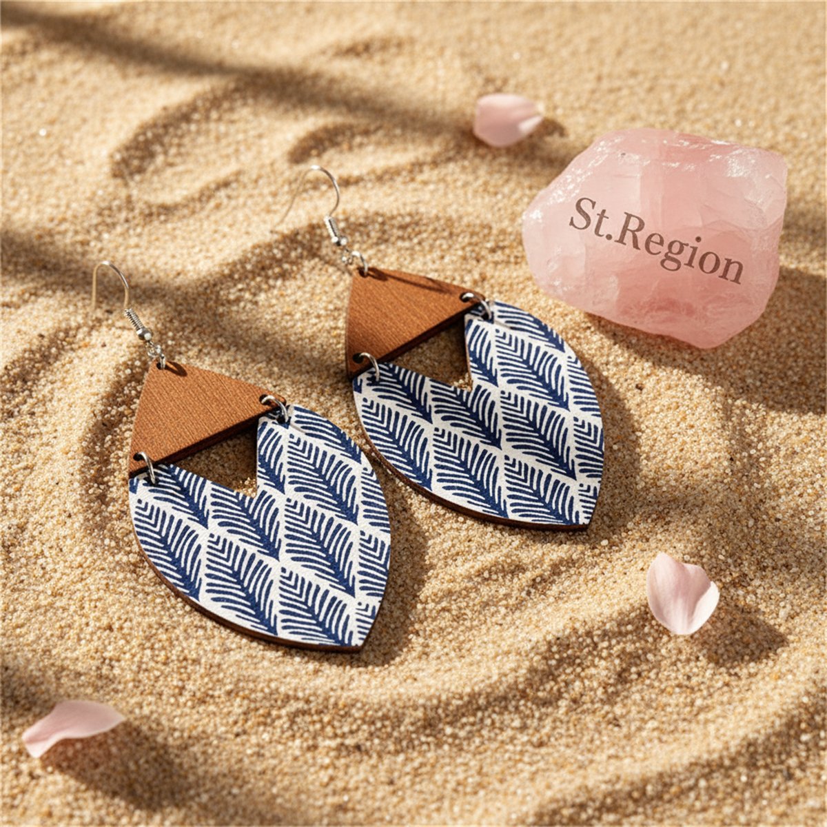 Blue and Brown Wood Leaf Drop Earrings, drop earrings for women, vintage-inspired design, detail close-up