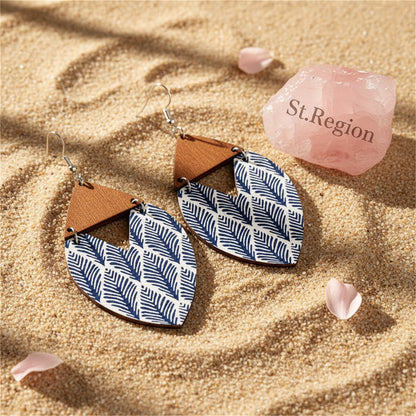 Blue and Brown Wood Leaf Drop Earrings, drop earrings for women, vintage-inspired design, detail close-up