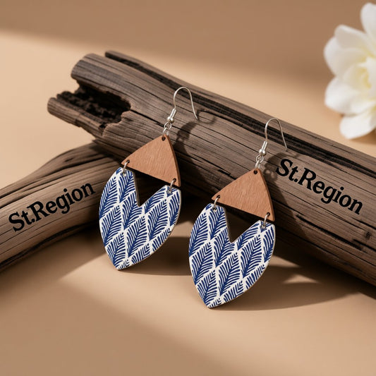 Blue & Brown Wood Leaf Drop Earrings