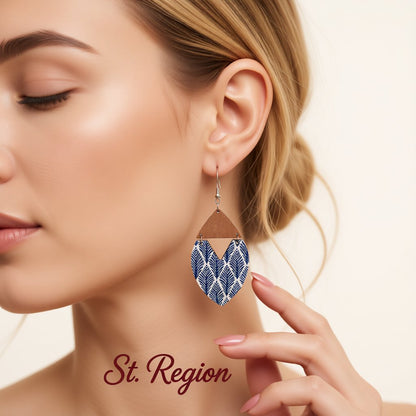 Blue and Brown Wood Leaf Drop Earrings, drop earrings for women, vintage-inspired design, styled look