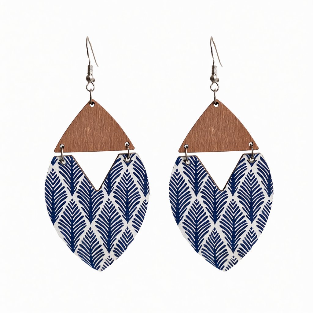 Blue and Brown Wood Leaf Drop Earrings, drop earrings for women, vintage-inspired design, side view