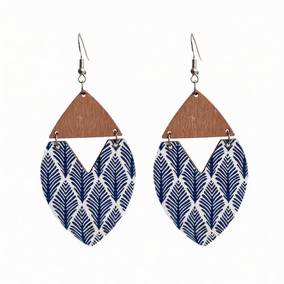 Blue and Brown Wood Leaf Drop Earrings, drop earrings for women, vintage-inspired design, side view