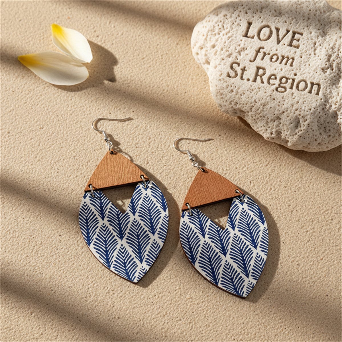 Blue and Brown Wood Leaf Drop Earrings, drop earrings for women, vintage-inspired design, lifestyle look
